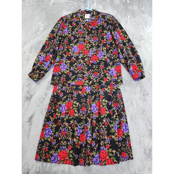 Vintage 80s Koret Floral Filagree Top Pleated Skirt Set Size 14 Black Red Purple - Picture 1 of 15